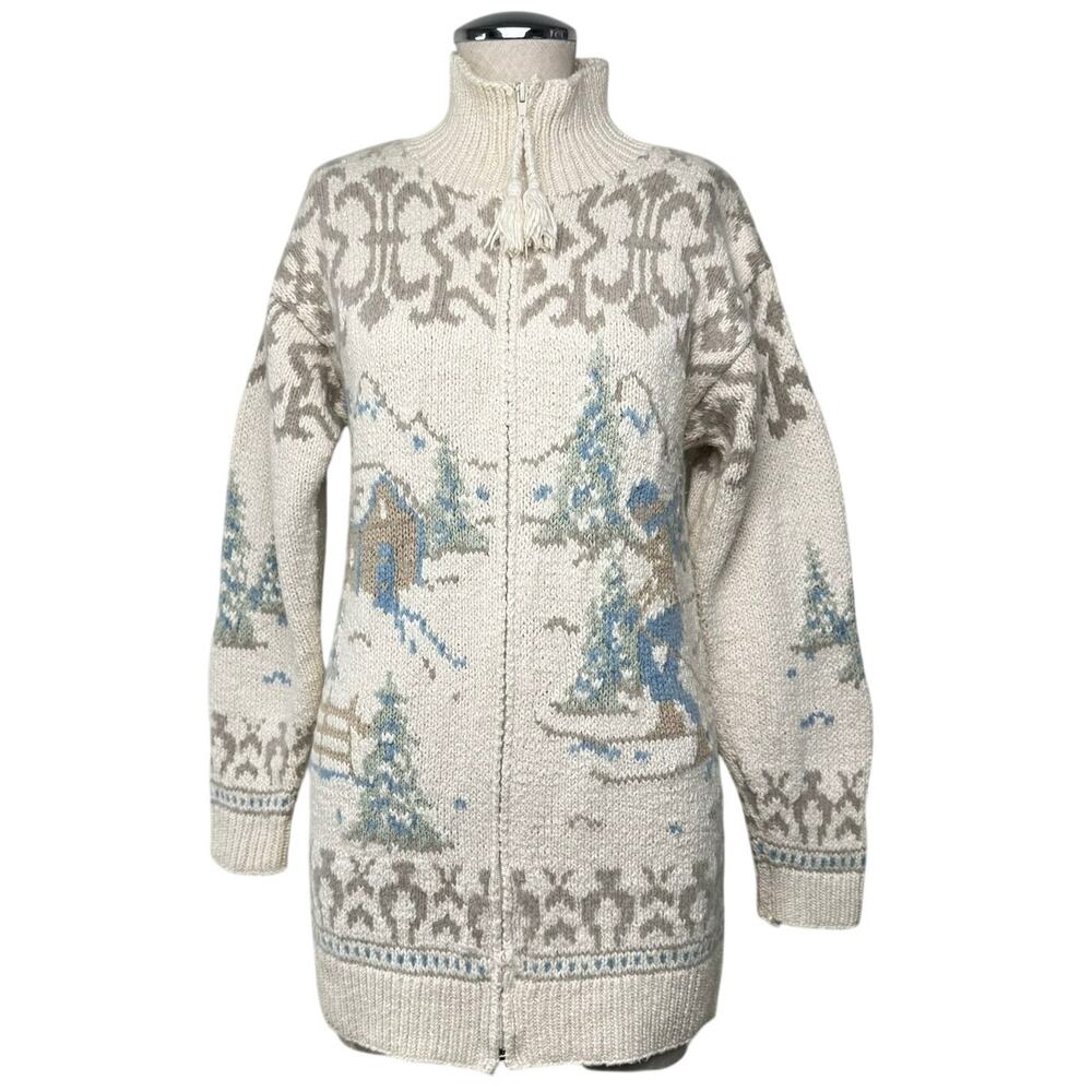 Vintage Ski Scene Cardigan Chunky Sweater Zip Front Cotton Wool Blend Winter S